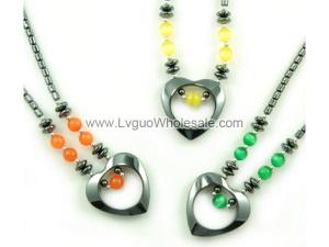 Cat's Eye Opal Beads Hematite Heart Pendant Chain Choker Fashion Necklace